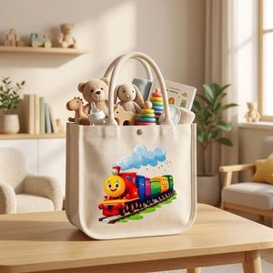 Bolsa de lona para niños con diseño de tren colorido, reutilizable para juguetes y libros - Product Image 1