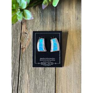 Navajo Made Blue Opal <b>Stud</b> <b>Earrings</b> in <b>Sterling</b> <b>Silver</b> Geometric Design - Product Image 1