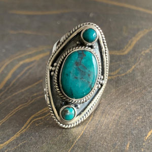 Chunky Designer <b>Turquoise</b> Opening <b>Ring</b> 9.3 Grams Rose Gold & Rhodium Plated Trendy Fashion with Bezel Setting for Gift - Product Image 1