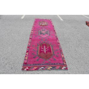 Vintage <b>Rug</b>, <b>Runner</b> 3.4x12.6 ft Turkish <b>Rug</b>, Pink Gray Floral Wool <b>Rug</b> - Product Image 1