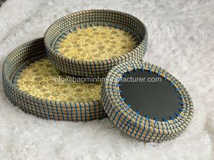 Bao Minh DT337 Ensemble de 3 plateaux de service ronds en jonc de mer Nacre 100% naturel Multifonctionnel Vintage Moderne Décoratif Vietnam - Product Image 6