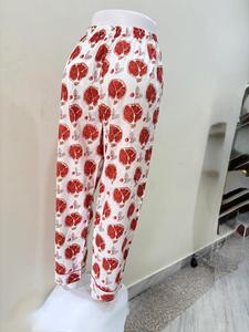 Pantalones de salón estampados de algodón 100%, diseño Floral Granada roja, cintura elástica, Pantalón recto, encaje transpirable decorado para el verano - Product Image 2