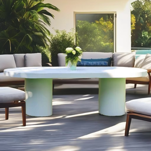 Mesa de Comedor Ovalada Moderna Hecha a Mano, de Hormigón Blanco Impermeable para Exteriores, con Base de Pedestal Redondo Doble para Espacios de Villa o Patio - Product Image 1