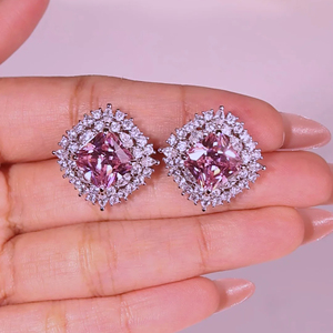Pendientes de Lujo con Circonita Cúbica en Forma de Princesa Rosa para Mujer, Pendientes de Halo Plateados en Plata, Joyería para Bodas y Fiestas - Product Image 1