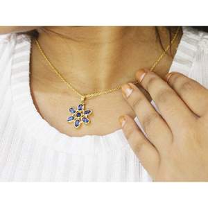 Solid 14k Yellow Gold Flower Pendant <b>Necklace</b> with <b>Blue</b> <b>Sapphire</b> Fashion Accessory for Women - Product Image 1
