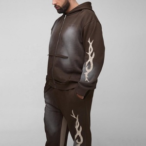 Plus Size Zip Through Graphic Solid Pattern Tracksuits Eco-Friendly Winter Relaxed Flare Pant with <b>Spray</b> Wash Hooded - Product Image 3