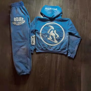 Personalizado de los hombres de peso pesado desgastado bordado Vintage ácido lavado pantalones de chándal con capucha conjunto de ropa de calle chándales de diamantes de imitación - Product Image 2