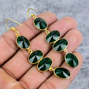 Pendientes de diópsido de cromo hechos a mano de cuatro piedras preciosas Plata de Ley 925 con chapado en oro Declaración de mujer Diseño colgante ovalado Regalo - Product Image 4