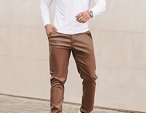Pantalon en cuir véritable pour homme, couleur marron uni, taille haute, coupe droite, style régulier, fermeture éclair non tissée, anti-rides - Product Image 4