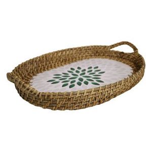 Plateau en rotin de bambou fait main plateau en rotin avec poignée tissé à la main rond haut mur plateaux de séparation des aliments multi-usages - Product Image 1