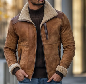 <b>Men's</b> Genuine Leather Bomber <b>Jacket</b> <b>Suede</b> Sherpa Lined Zipper Closure Stand Collar Winter Moto Style 2027 Models - Product Image 1