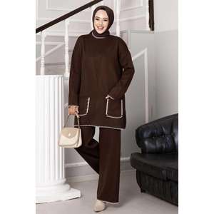 Ensemble 2 pièces en maille marron femme avec poche cousue berger - Product Image 3