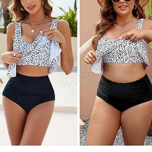 Ensemble de maillot de bain deux pièces pour femme, haut et short, motif uni, logo sur le devant, tissu léger et à séchage rapide en élasthanne/polyester écologique - Product Image 5