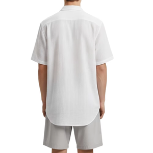 Men's White Cotton <b>Waffle</b> Short Sleeve <b>Shirt</b> With Light Gray Shorts Solid Color Casual Summer Set Breathable Woven Fabric - Product Image 2