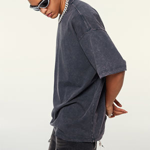 Vintage lavage à l'acide t-shirts hommes Streetwear col montant Boxy Fit surdimensionné t-shirt impression personnalisée - Product Image 4