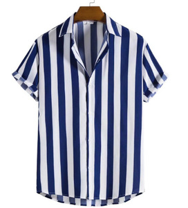 Men's 2025 New Casual Stripe Streetwear <b>Cardigan</b> <b>Short</b> <b>Sleeve</b> Breathable Organic Cotton V-neck Summer Dress Shirt - Product Image 1