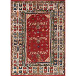 Alfombra Grande de Lana Kiaan, Tejida a Mano, con Medallón Abstracto Rojo y Naranja, Rectangular, para el Hogar - Pae-5919, para Entrada, Pasillo, Sala de Estar - Product Image 1