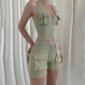 Ensemble Jogger d'été personnalisé pour femmes French Terry Sleeveless Zip Up Jacket Cargo Sweat Shorts 3d Pockets 2 piece women short set - Product Image 4