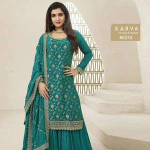 "Listo para usar, floreciente Chinon Gharara con bordado, Palazzo completamente cosido, crepé interior y elegante Dupatta" - Product Image 1