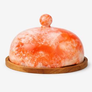 Plat à beurre en résine avec dôme en marbre orange, boîte à fromage avec base en bois, cloche décorative pour servir le gâteau, le pain, plateau de service - Product Image 2