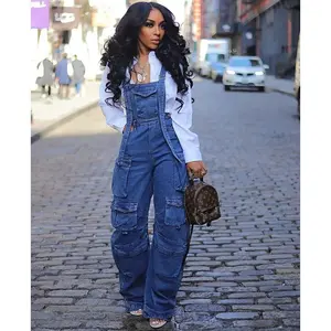 Salopette décontractée d'été en jean taille haute ample multi-poches avec imprimé délavé style streetwear - Product Image 1