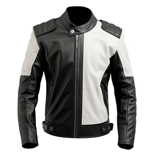 แจ็กเก็ตหนังแท้สำหรับผู้ชายสีดำและสีขาวสไตล์วินเทจสำหรับนักแข่งรถในคาเฟ่ - Product Image 1