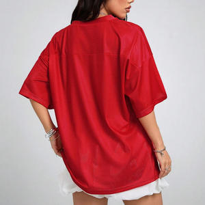 Ropa de calle personalizada jersey de malla ligera transpirable de gran tamaño camiseta ligera de manga corta con cuello en V estampado de verano para mujer - Product Image 5