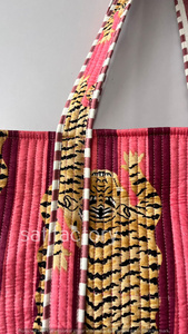 Bolso grande de algodón hecho a mano con estampado de Tigre, bolso de hombro acolchado, bolso de moda de estilo abierto para viajes y compras de mujer - Product Image 4