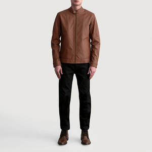 เสื้อแจ็คเก็ตหนังแท้สีแทนสำหรับผู้ชาย ทรงเข้ารูป หนังแกะแท้ สไตล์คาเฟ่เรเซอร์ คอตั้งเรียบง่าย แจ็คเก็ตหนังนุ่มสบาย สไตล์ลำลอง - Product Image 3