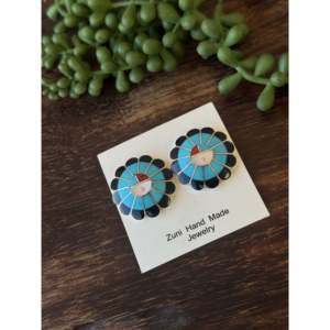 Zuni Handmade Multi-Stone & Sterling Silver Inlaid Sunface <b>Post</b> Earrings Cultural Collectible Jewelry - Product Image 3