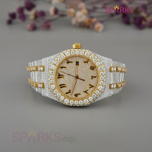 High-End Men's Diamond-Studded Gold Silver Bracelet <b>Watch</b> with Deluxe Arabic Numbers <b>Crystal</b> Dial Window Fashionable Design - Product Image 3