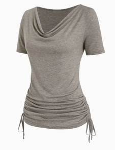 Vêtements personnalisés pour femmes T-shirt uni à manches courtes avec cordon de serrage, haut décontracté à col bénitier pour femmes de grande taille - Product Image 2