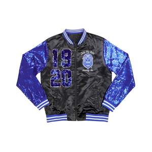 Zeta Phi Beta Sorority Sequin <b>Jacket</b> <b>Black</b> Blue 1920 Greek Life Apparel Custom Embroidery ZPB Glitter Varsity Bomber Party Wear - Product Image 1