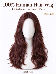 Peluca de Cabello Humano 100%, Color Castaño Rojizo, Ondas Largas en Capas, Estilo Liso a Ondulado, para Uso Diario - Product Image 1