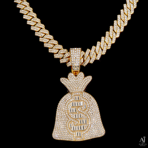 AARVA JEWELS Colgante de Plata 925 Bañado en Oro con Moissanita Corte Baguette, Diseño de Bolsa de Dinero y Signo de Dólar, Estilo Hiphop, para Hombre, Engaste de Garra - Product Image 4