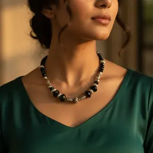 "Platinum Rhodium-Plated Geometric <b>Bead</b> <b>Necklace</b> for Women with Black Onyx and Multiple Gemstones" - Product Image 1