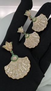 Ocean Shell Inspired Natural Diamond <b>Pendant</b> and Earrings Set in 14K Gold with Green <b>Emerald</b> Accent Stones Women Jewelry - Product Image 3