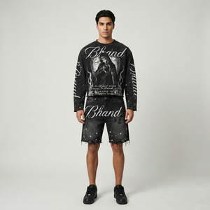 Bhand Men's Streetwear Two Piece Set Cotton Printed <b>Sweatshirt</b> and Shorts Crew Neck Raw Edge Summer Style - Product Image 1