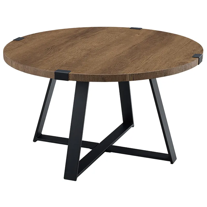 Meja kopi bingkai besi selesai warna hitam bulat kerajinan tangan kontemporer kualitas mewah dengan atasan kayu untuk ruang tamu