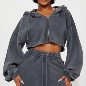 Conjunto de mujer al por mayor chándal recortado con cremallera informal lavado de manga larga/chándal de dos piezas transpirable de alta calidad para mujer - Product Image 4