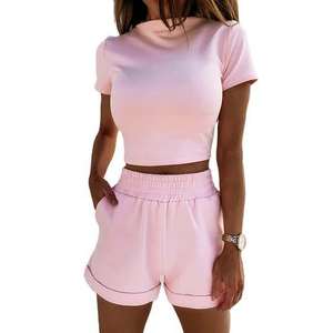 Camiseta informal de manga corta y pantalones cortos, conjuntos de mujer de algodón 100%, conjuntos de mujer de nuevo diseño - Product Image 1