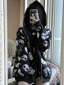 Y2k felpa da donna lavorata a maglia Goth centro commerciale Harajuku con teschio stampato a manica lunga Cardigan con cerniera abiti Emo Alt Indie