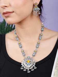Ensemble de collier et de boucles d'oreilles en alliage indien traditionnel de mariage Bijoux oxydés faits à la main avec des pierres bleues jaunes à prix discount - Product Image 2