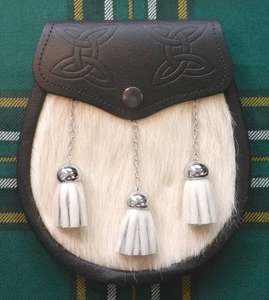 Genuine <b>Leather</b> Half <b>Dress</b> Sporran with <b>White</b> Fur and Celtic Knot Design-Scottish Tartan Bags - Product Image 1