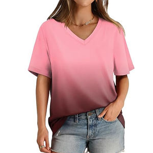 Verano de las mujeres Ombre Light Borgoña Venta al por mayor Camisetas de manga corta Bordado Decoración Transpirable Lona Estilo con cuello en V - Product Image 1