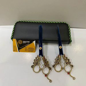 กรรไกรตัดผมสแตนเลส440C บริสุทธิ์สีน้ำเงิน-บริสุทธิ์มีด้ามจับมังกรคมปลายใบมีดและกระเป๋าหนัง PU มาใหม่ - Product Image 1