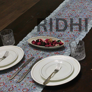 Chemin de table luxueux en coton 100% bleu airforce à motifs floraux indiens, personnalisable, à volants, imprimé à la main, pour salle à manger, hôtel, événements de mariage - Product Image 5