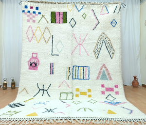 พรมขนสัตว์อซิลัลสีขาวคลาสสิก ทำด้วยมือ ลายสีสันสดใส พรมโมร็อกโกทอมือ พรมทำมือ พรมสำหรับกลางแจ้ง ของตกแต่งบ้าน รับผลิตตามแบบ (OEM) - Product Image 1