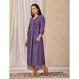 Ensemble Kurta Anarkali et pantalon imprimé bleu, style ethnique indien avec broderies, pour tenue de soirée, en coton filet - Product Image 5