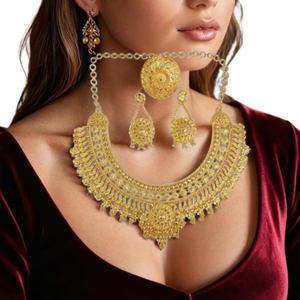 Bague de collier boucles d'oreilles en plaqué or 22 carats à bas prix sertie de bijoux de mariée de conception traditionnelle à vendre par les exportateurs - Product Image 2